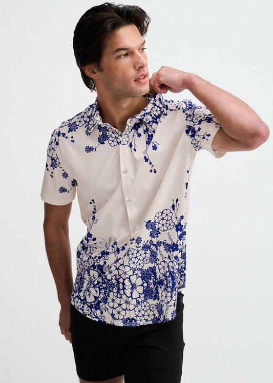 Short-sleeve button-down shirt in white with a blue floral border print.