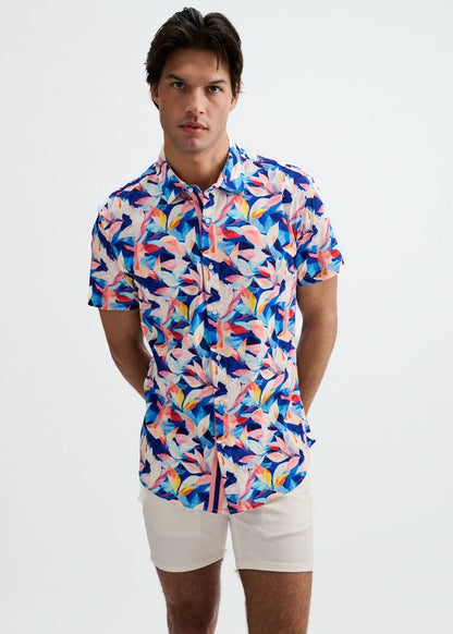 ST33LE Herren-Stretch-Strickhemd mit Blatt-Print – Marineblau/Blush-Blätter