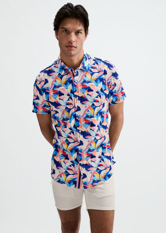 ST33LE Herren-Stretch-Strickhemd mit Blatt-Print – Marineblau/Blush-Blätter