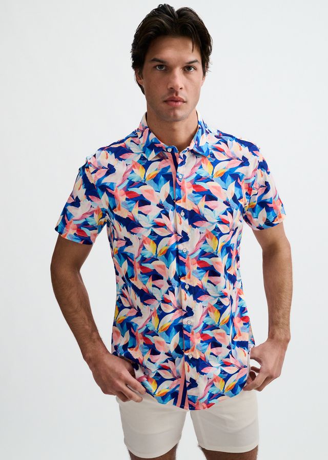 ST33LE Herren-Stretch-Strickhemd mit Blatt-Print – Marineblau/Blush-Blätter