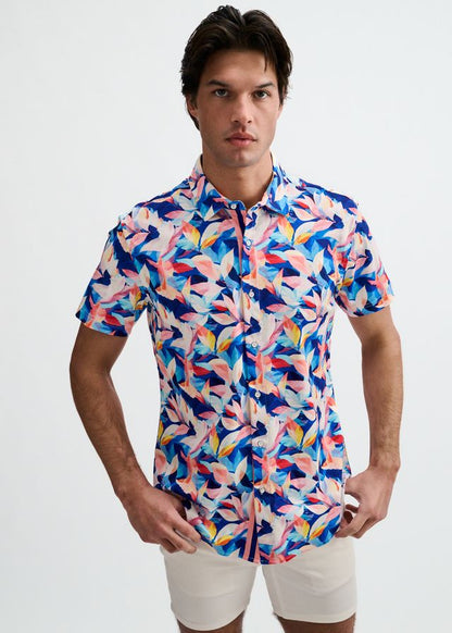 ST33LE Herren-Stretch-Strickhemd mit Blatt-Print – Marineblau/Blush-Blätter