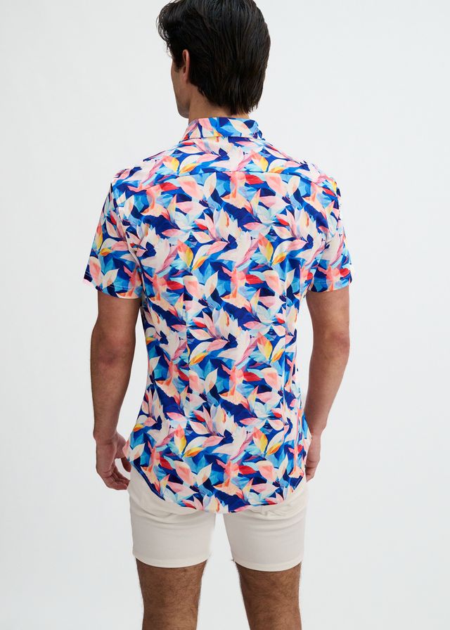 ST33LE Herren-Stretch-Strickhemd mit Blatt-Print – Marineblau/Blush-Blätter