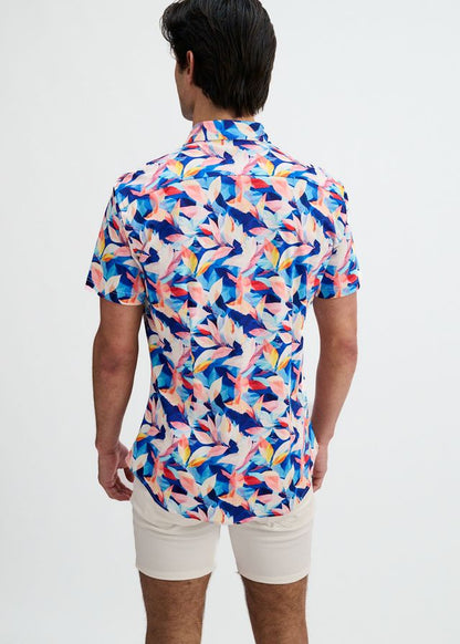 ST33LE Herren-Stretch-Strickhemd mit Blatt-Print – Marineblau/Blush-Blätter
