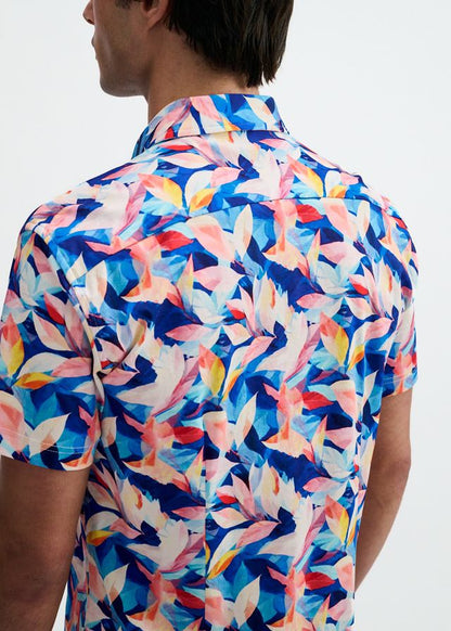 ST33LE Herren-Stretch-Strickhemd mit Blatt-Print – Marineblau/Blush-Blätter