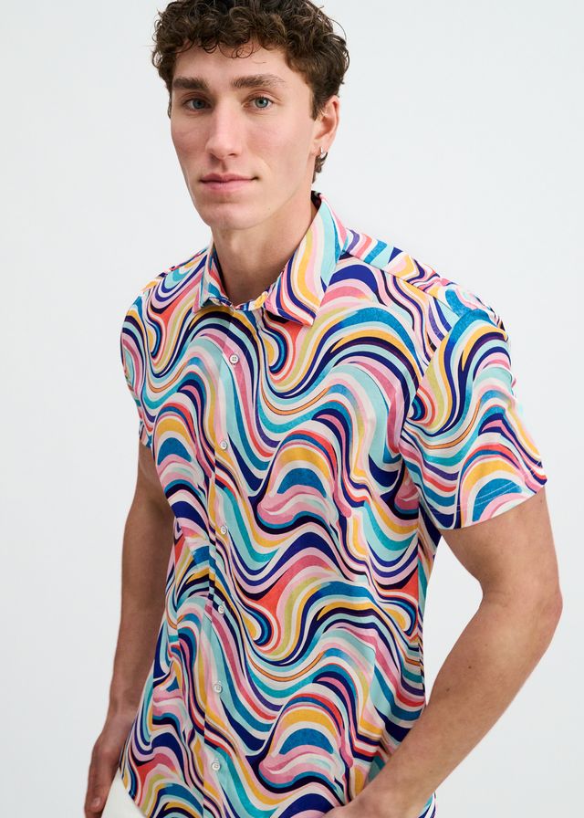 ST33LE Swirls Print Stretch Knit Shirt - Teal/Multi