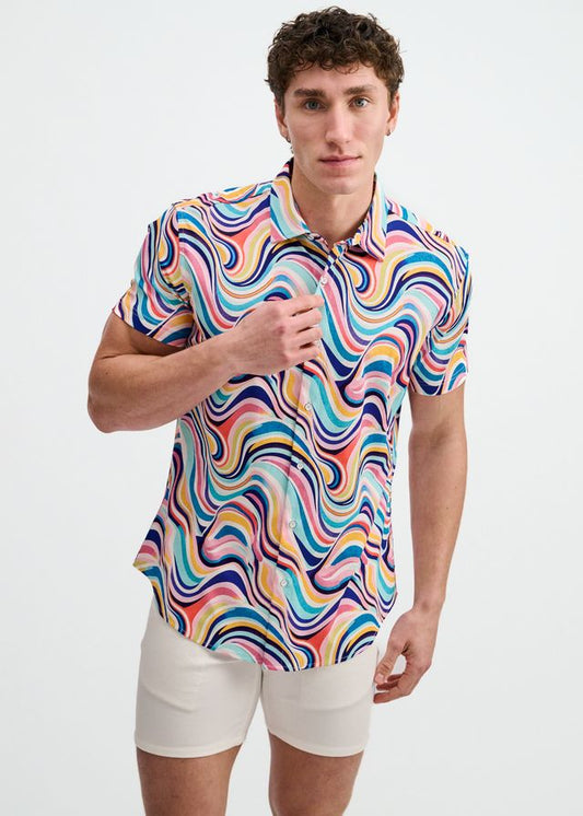 A short-sleeve button-down shirt with a teal and multicolored abstract swirl pattern.