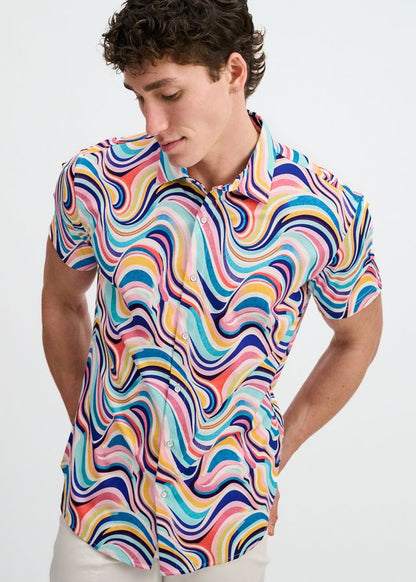 ST33LE Swirls Print Stretch Knit Shirt - Teal/Multi