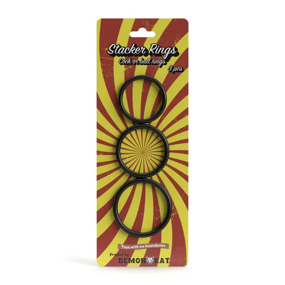 Stacker ring 3-piece set with black resin stacker rings in retro style packaging for versatile everyday wear
