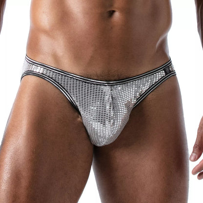 Silver sequined star bikini brief thong with black trim showing front side for swimwear or beachwear use