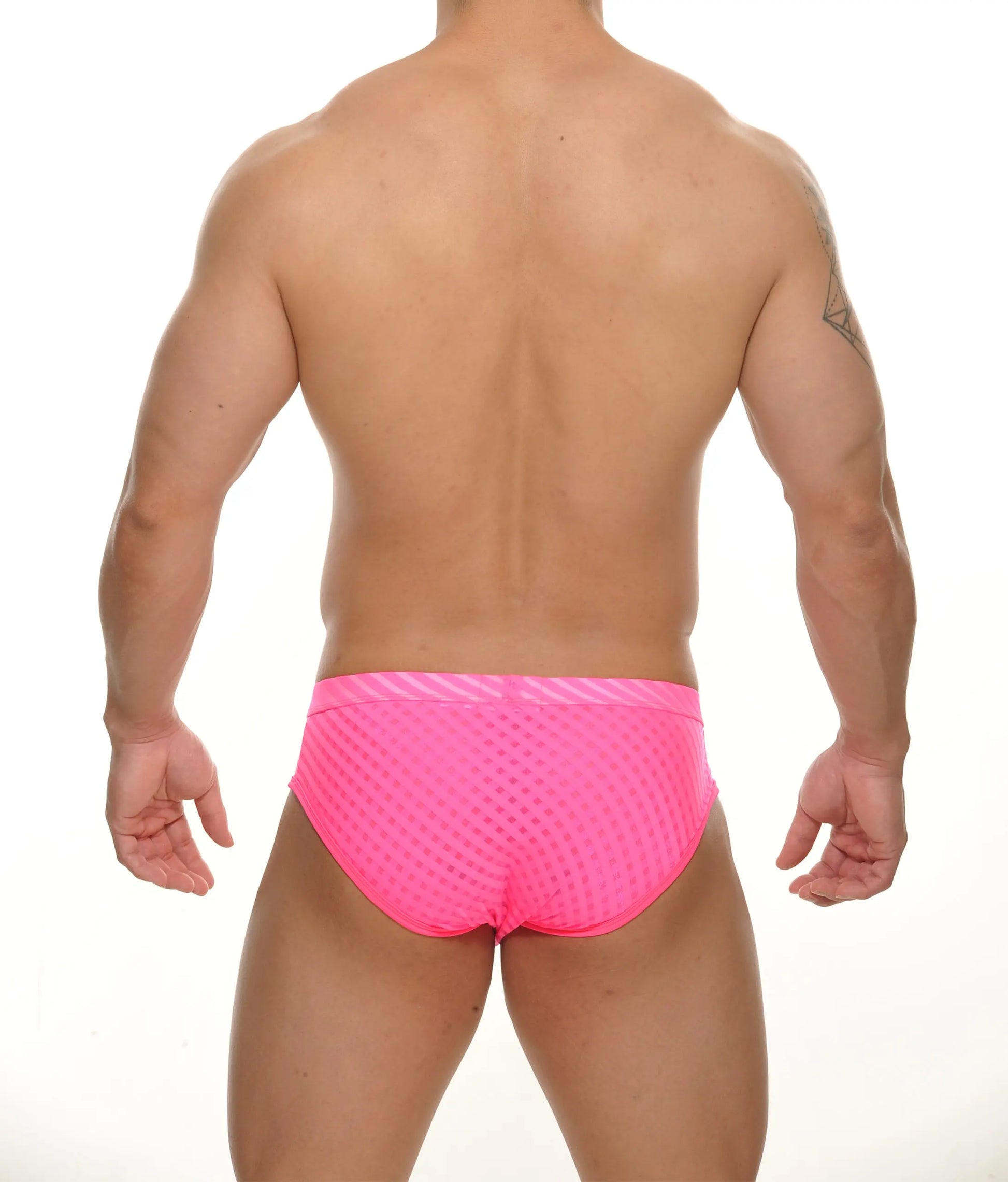 Starkey Brief bright pink mesh swim trunks with striped waistband designed for comfortable swimwear use
