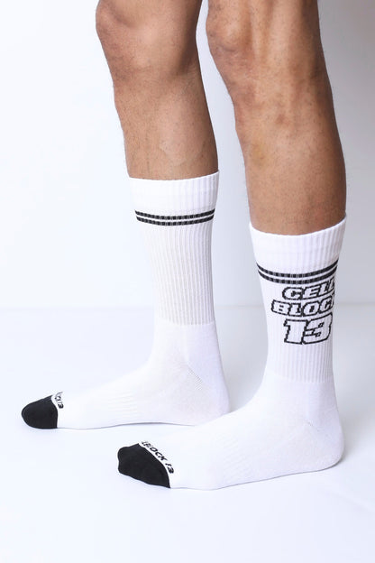 Starter crew socks white athletic socks with black toe caps two stripes and bold cell block 13 graphic