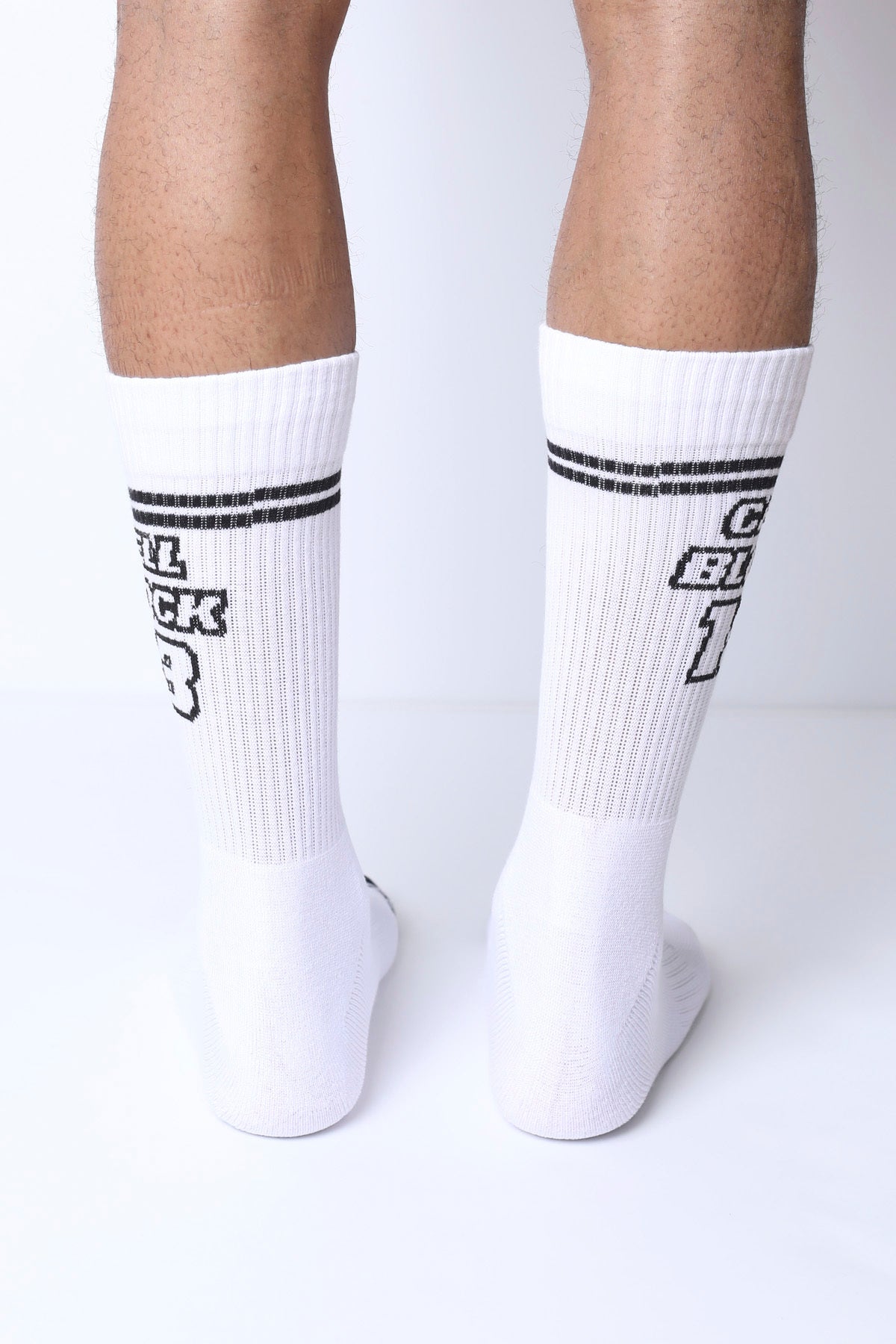 Starter crew socks white with black horizontal stripes and bold c black 3 lettering in a sporty collegiate style