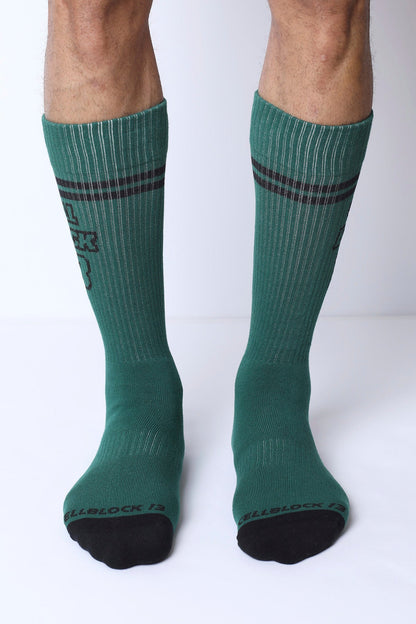 Starter crew socks green ribbed with black toe caps two horizontal stripes and subtle logo on the side