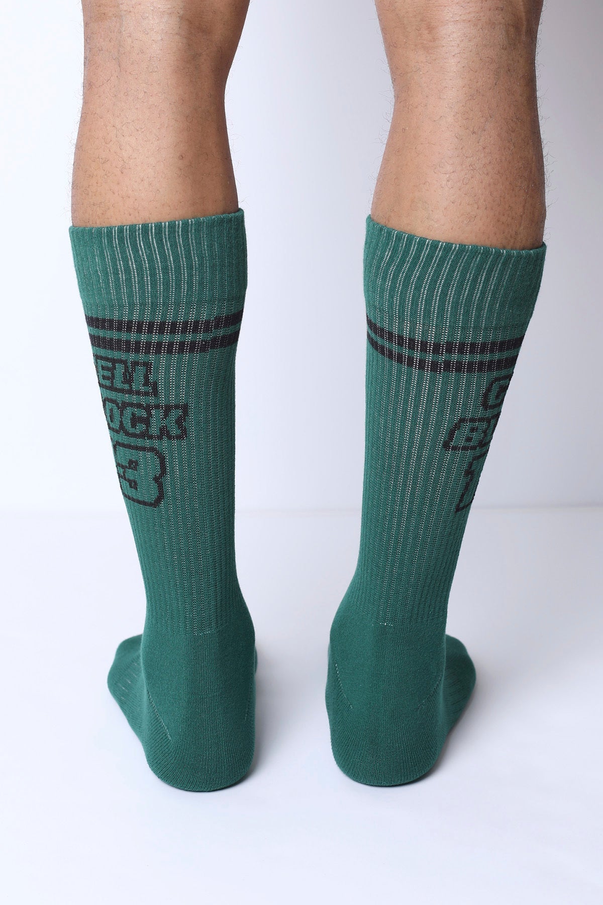 Starter crew socks green ribbed cotton with dark gray stripes and bold cell rock 3 graphic on the side