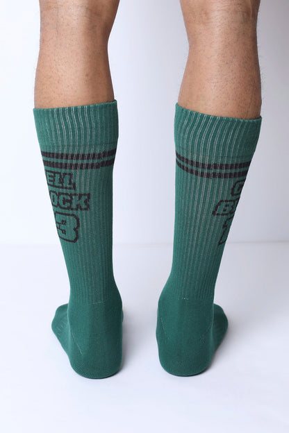 Starter crew socks green ribbed cotton with dark gray stripes and bold cell rock 3 graphic on the side
