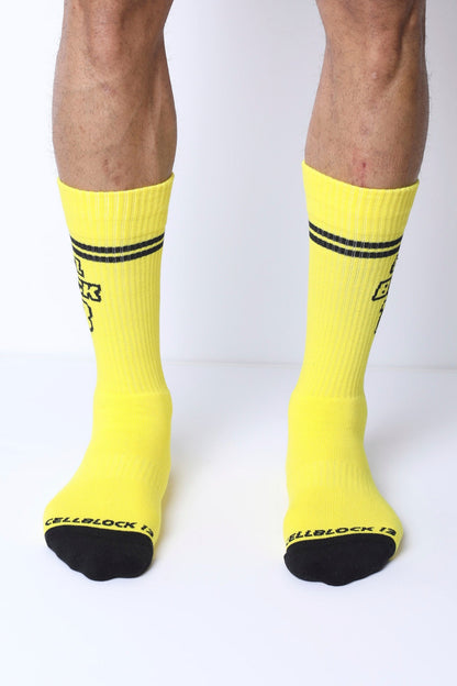 Starter crew socks bright yellow athletic socks with black stripes toe caps and cellblock 13 logo in black text