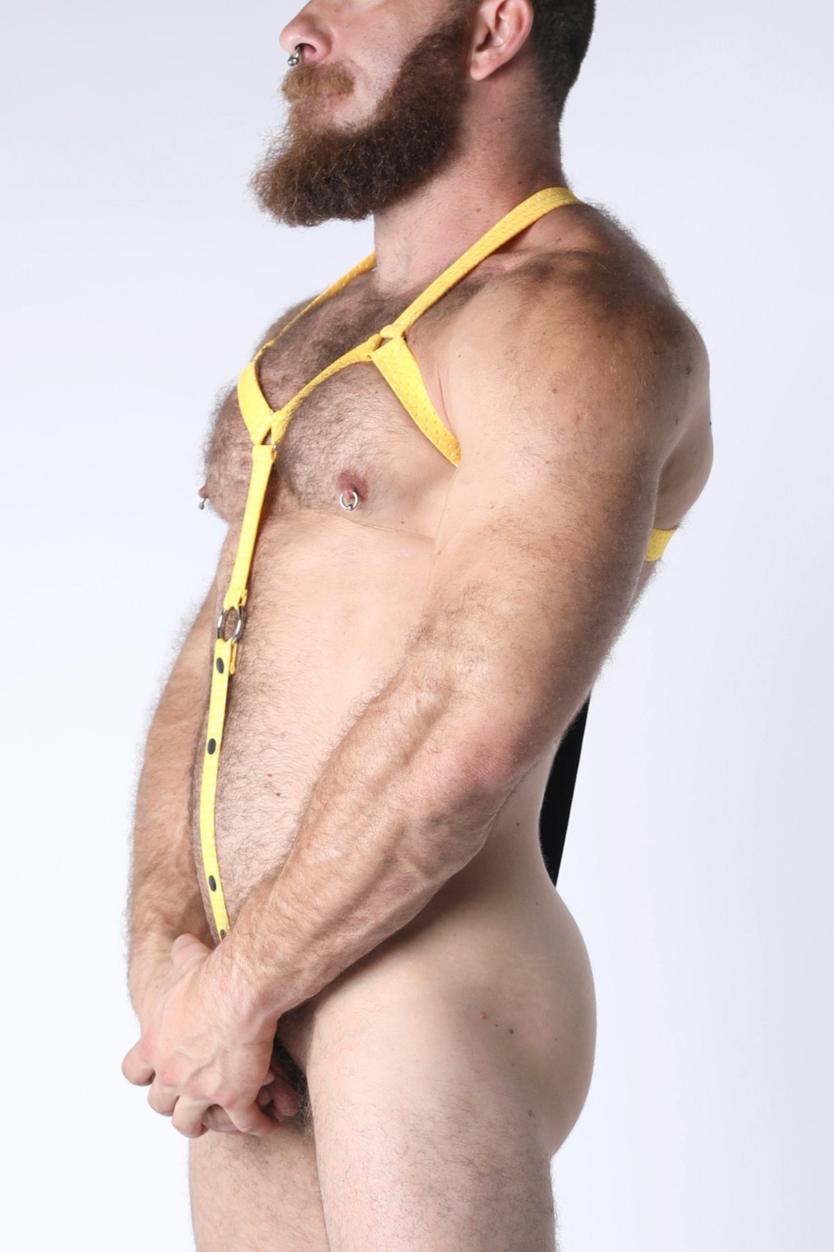 Yellow leather starter elastic body harness with adjustable straps and metal hardware for secure fit