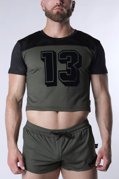 Starter mesh crop top featuring an olive green mesh body, black short sleeves, and a bold 13 graphic on the chest