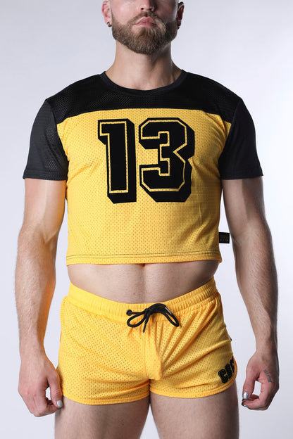 Starter mesh crop top in yellow with black sleeves featuring bold black number 13 outlined in yellow on front