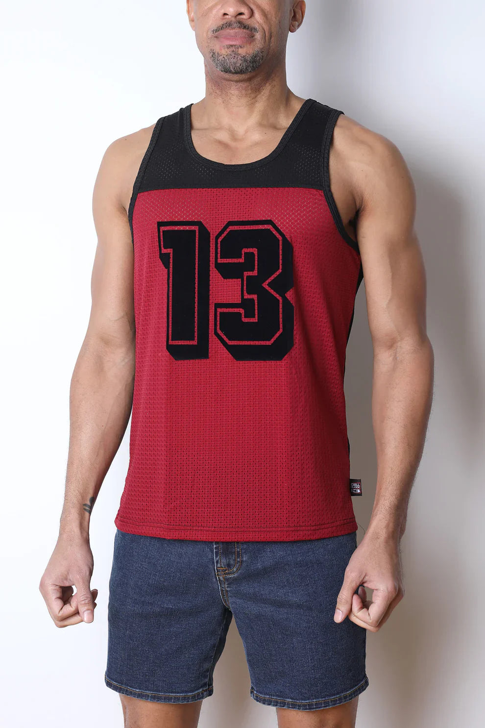 Starter mesh tank top in red and black textured mesh fabric featuring bold black number 13 in sports jersey style