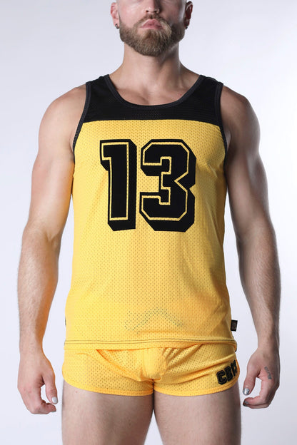 Starter mesh tank top in yellow mesh with black trim and bold black number 13 in vintage sports jersey style