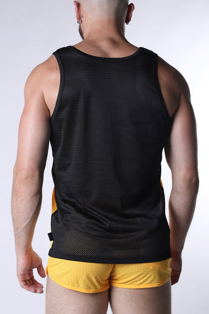 Black mesh starter tank top with yellow side panels featuring breathable lightweight fabric