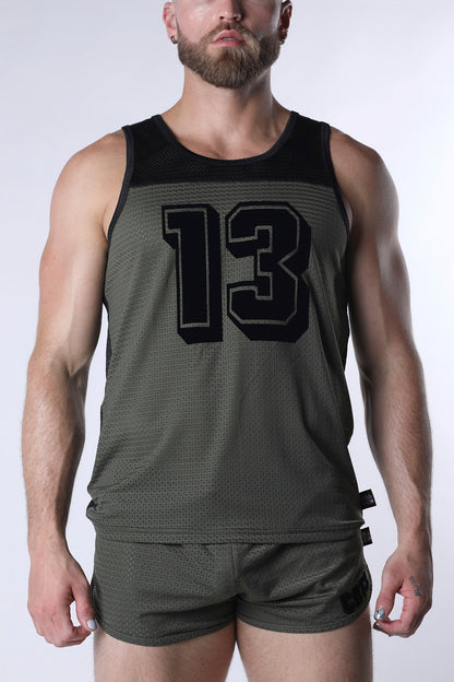 Olive green starter mesh tank top with black number 13 and matching shorts in breathable athletic fabric