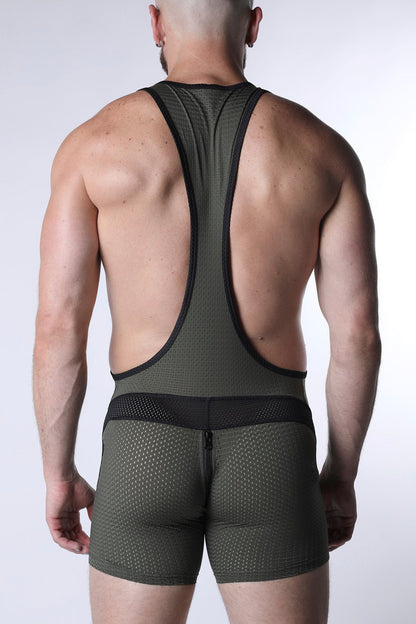 Starter mesh zipper singlet back side in olive green mesh with black trim and central zipper for athletic use