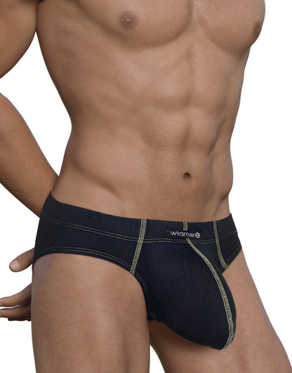 Black pouch brief with yellow contrast stitching and Wildman logo, worn by a muscular male torso.