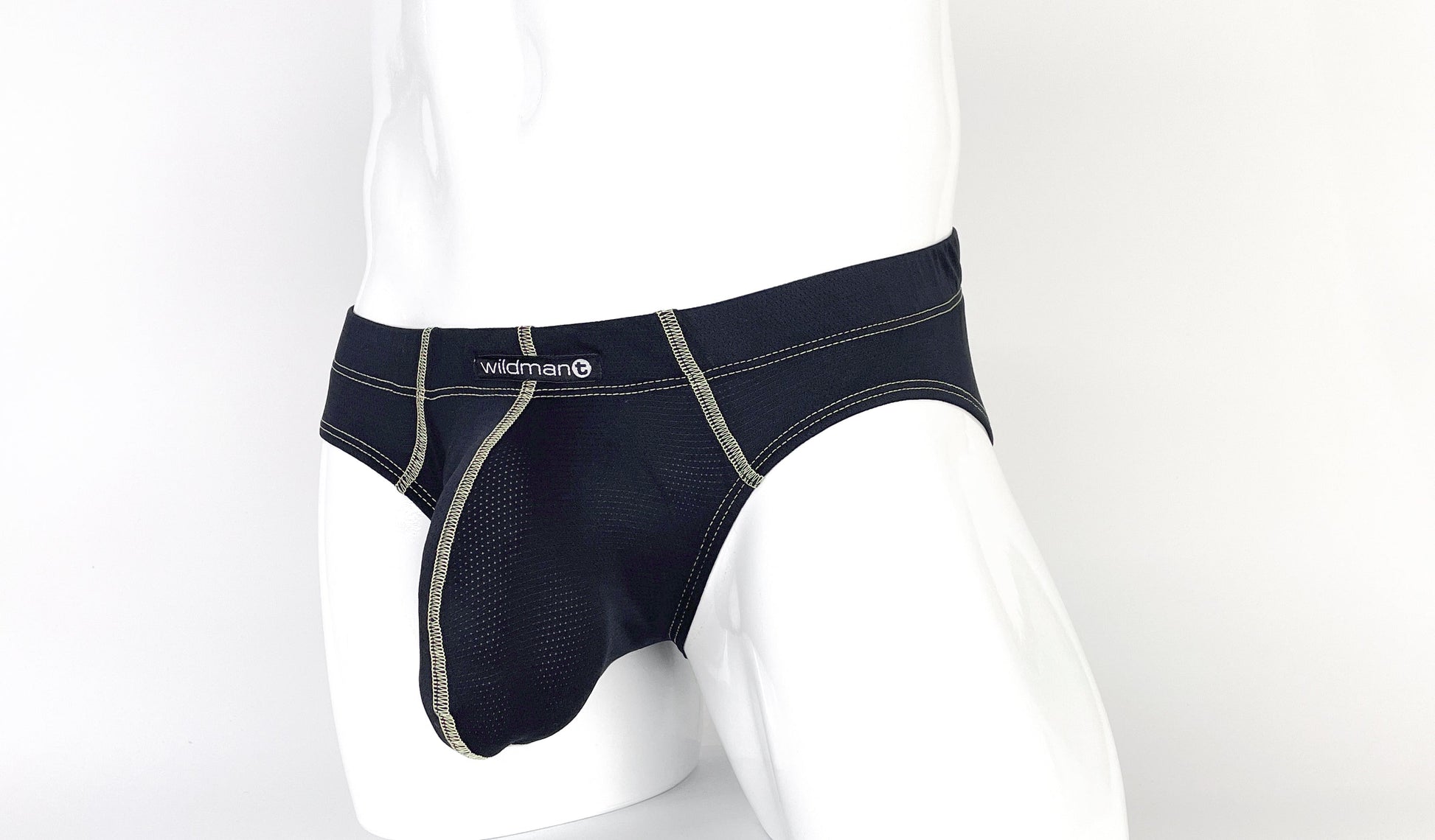 Black Stitch Big Boy pouch brief with contrast stitching and WildmanT logo on a white mannequin.