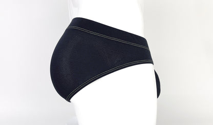 Side view of black, perforated mesh pouch brief featuring contrasting yellow stitching on a mannequin.