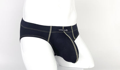 Black Stitch Big Boy pouch brief on a mannequin, featuring textured fabric, contrast stitching, and Wildman logo tag.