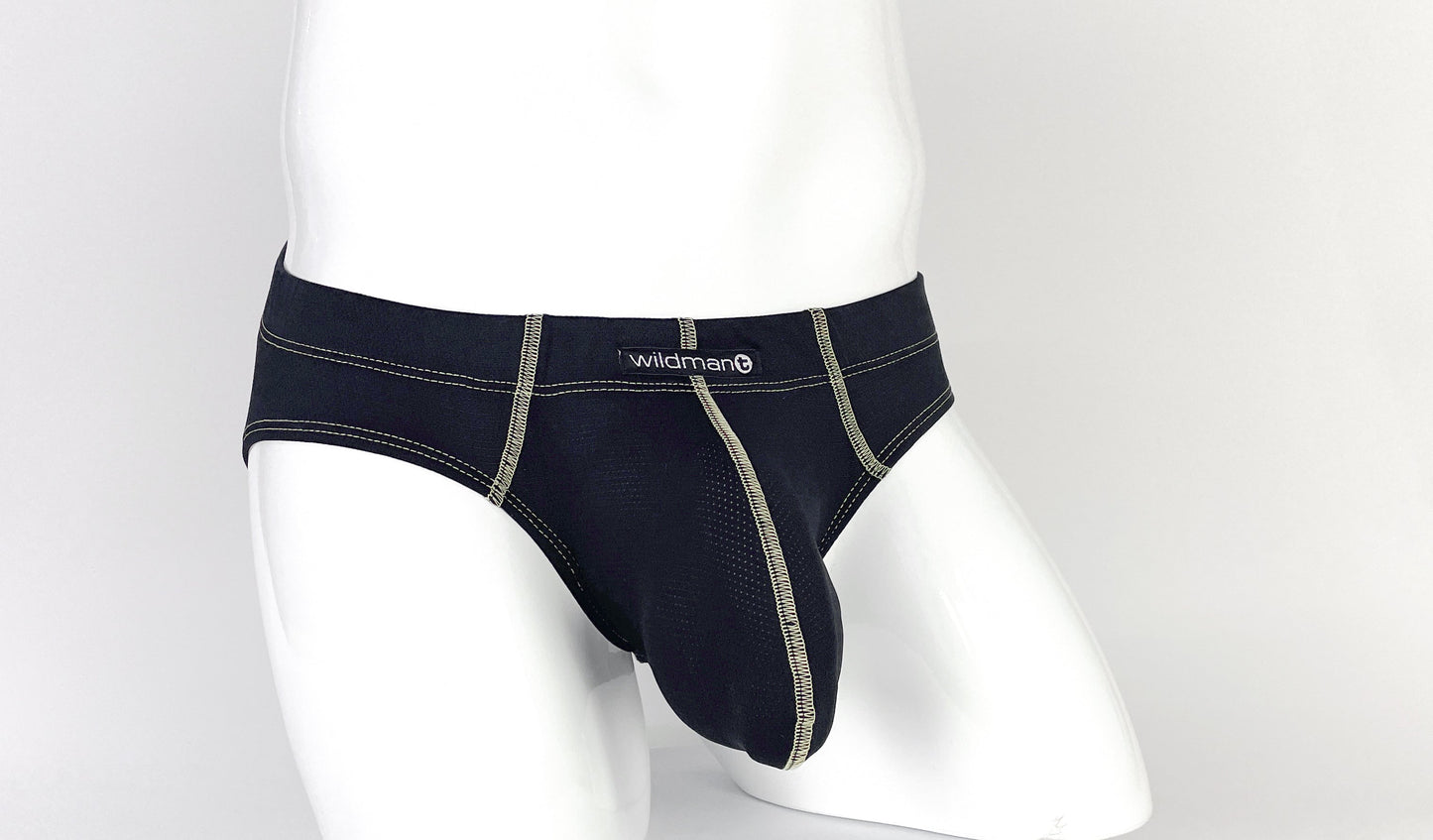 Black Stitch Big Boy pouch brief on a mannequin with contrasting light stitching and a WildmanT logo patch.