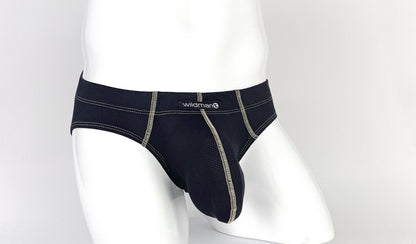 Black Stitch Big Boy pouch brief on a mannequin with contrasting light stitching and a WildmanT logo patch.