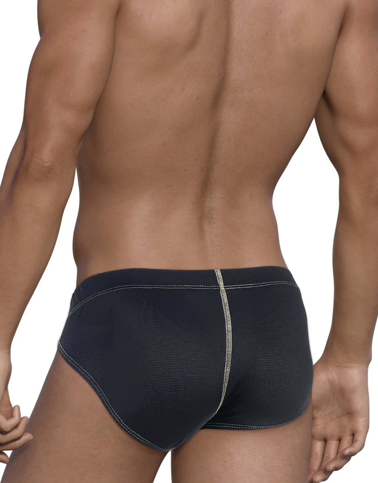 Rear view of a man wearing a black textured pouch brief with contrasting yellow stitching detail.