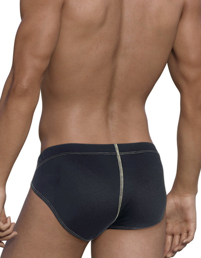 Rear view of a man wearing a black textured pouch brief with contrasting yellow stitching detail.
