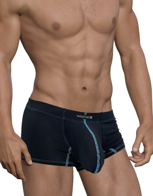 Blue boxer briefs with a front pouch, textured mesh fabric, and contrasting blue stitching. Wildman logo on waistband.
