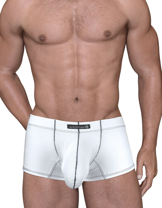 White Stitch Big Boy pouch boxer briefs with black contrast stitching and a centered black logo patch.