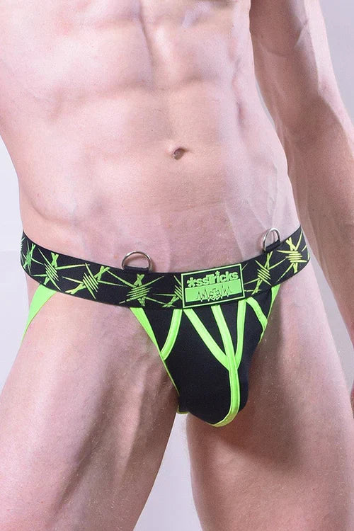 Black and neon green patterned stinger jockstrap briefs with branded label designed for men