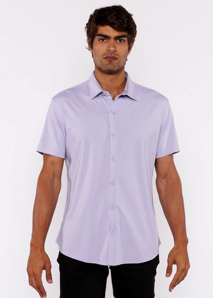 A light lavender stretch knit shirt with short sleeves, classic collar, and neatly stitched details