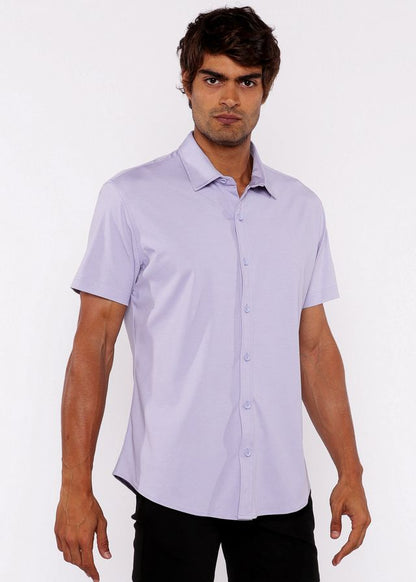 A light lavender stretch knit shirt with short sleeves a classic collar and a clean tailored fit