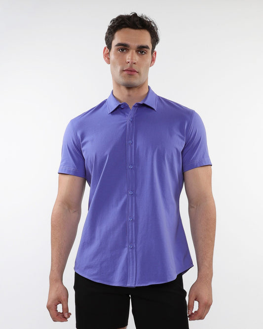 A sleek solid purple short-sleeved stretch knit shirt with classic collar and tailored fit for casual wear