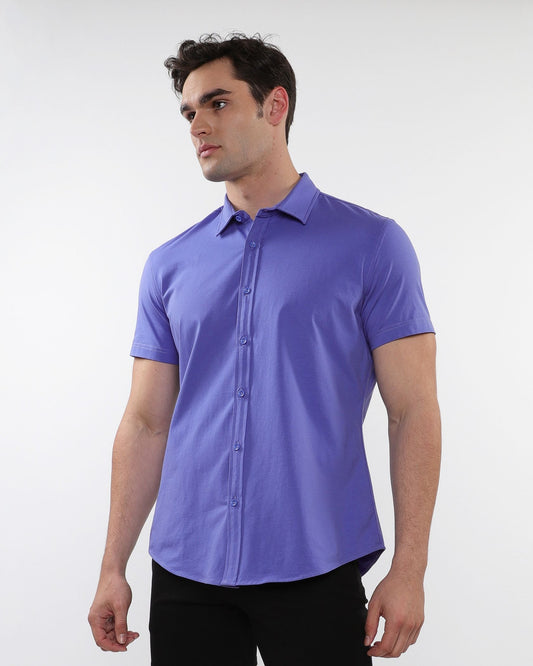 A sleek solid purple stretch knit shirt with short sleeves classic collar and button-down front for casual wear