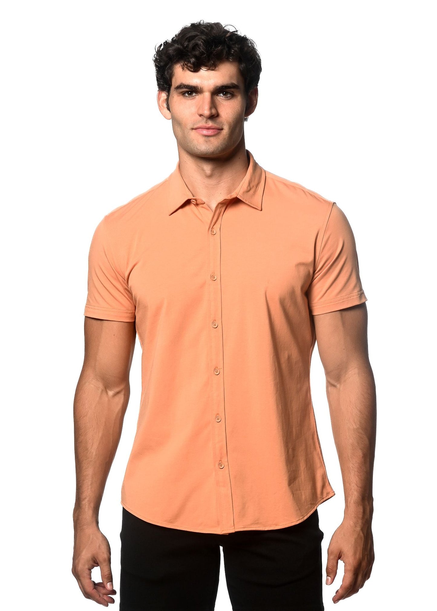 A sleek peach-colored stretch knit short-sleeved button-up shirt with a classic collar and tailored fit