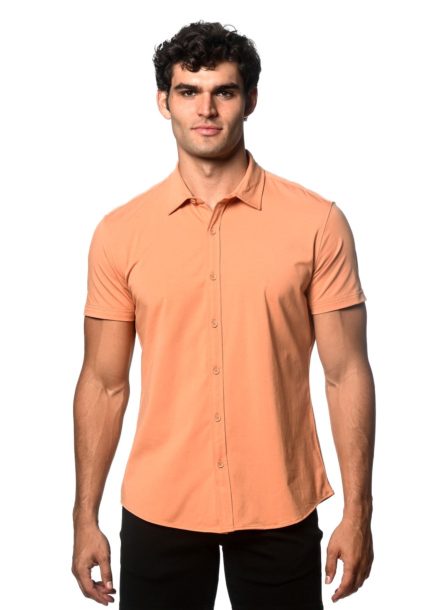 A sleek peach-colored stretch knit short-sleeved button-up shirt with a classic collar and tailored fit