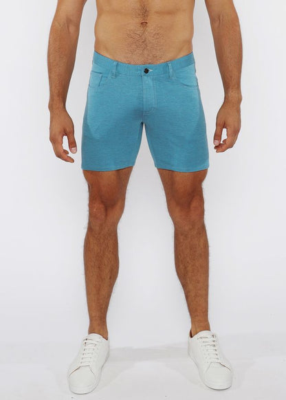 Turquoise stretch knit short slim-fit with textured fabric five-pocket design and black button closure
