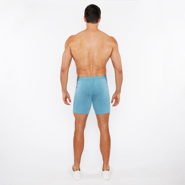 Light blue stretch knit denim shorts with classic fit and visible stitching for comfortable casual wear