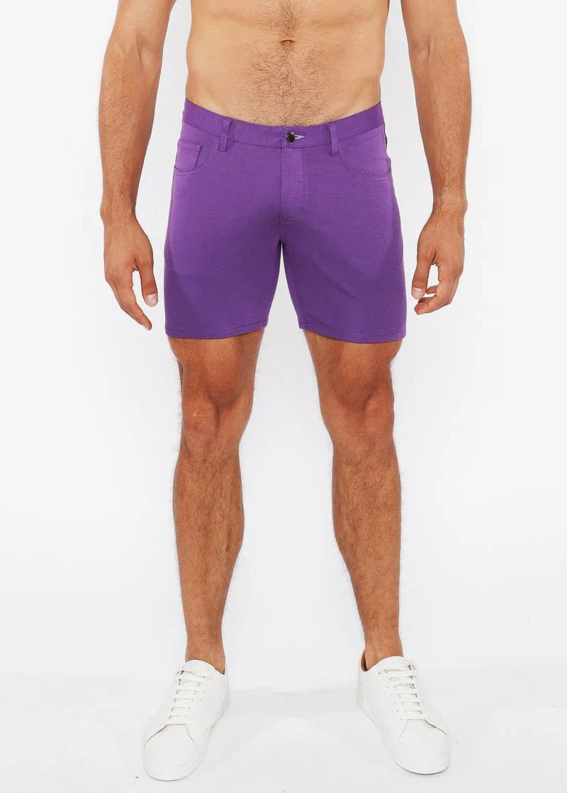 Purple stretch knit short men’s shorts with clean tailored fit and subtle stitching details