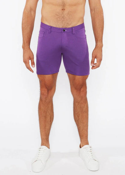 Purple stretch knit short men’s shorts with clean tailored fit and subtle stitching details