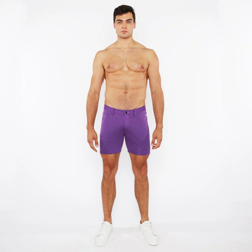 Purple stretch knit shorts made of soft breathable fabric designed for comfortable active wear